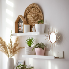 Home decor on white shelves