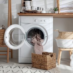 Laundry machine with open front door